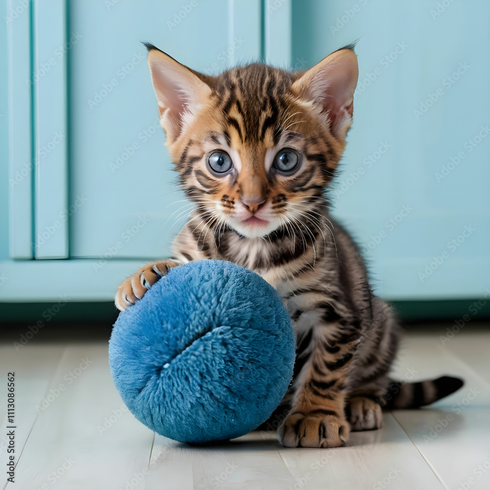 Obraz premium Cute small striped Bengal kitten sitting and playing with a blue toy