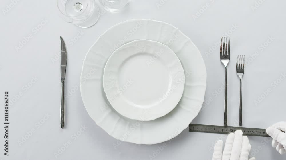 Flawless table setting with white gloves sophisticated dining experience arrangement Flawless table setting with white gloves sophisticated dining experience arrangement