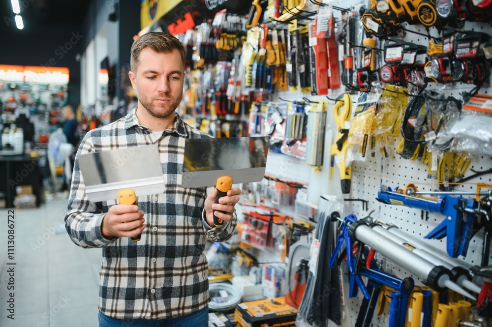Fototapeta premium A male customer in a modern hardware store chooses trowels