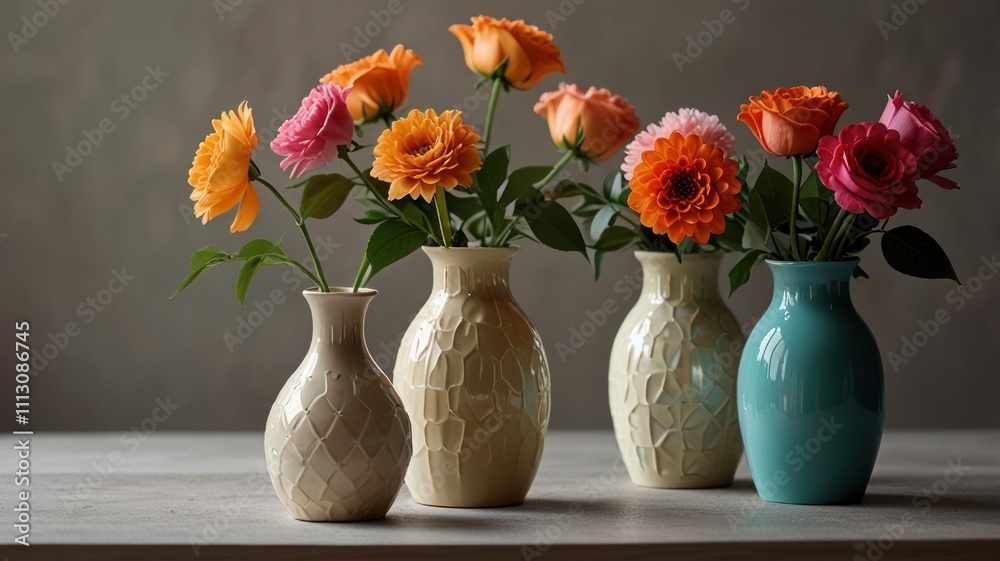 Colorful flowers in textured vases on table. Colorful flowers in textured vases on table.