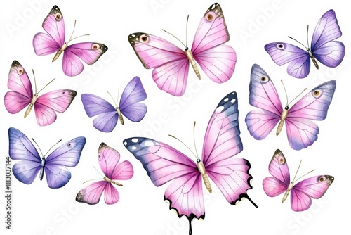 minimal photostock of a  swarm of pink and purple butterflies on an isolated white background photo