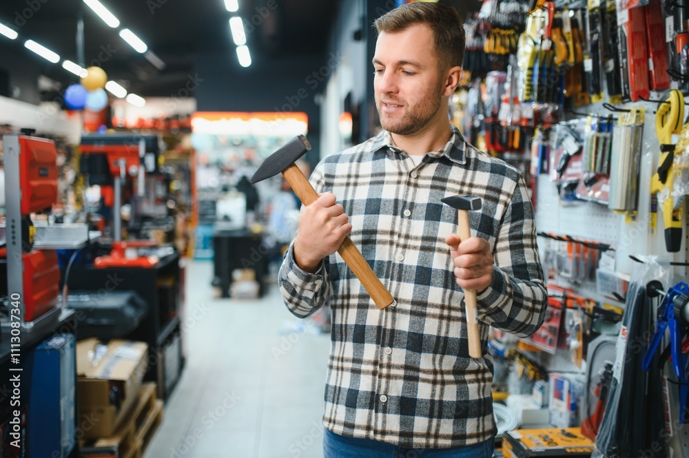 A male buyer in a modern hardware store chooses a hammer A male buyer in a modern hardware store chooses a hammer