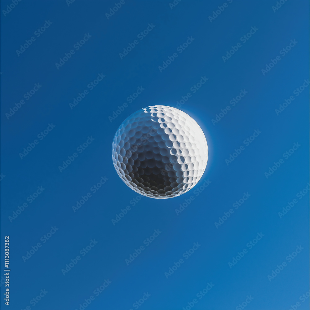Golf ball highlighted against a vivid blue sky with clear details
