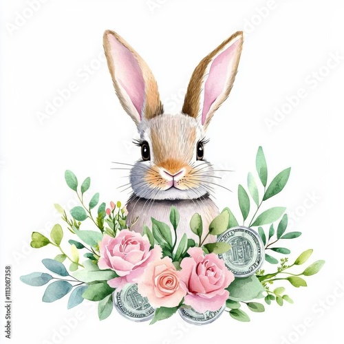 minimal photostock of a  Watercolor bunny in floral bouquet