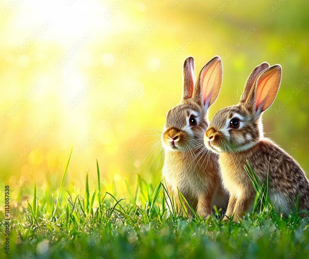Obraz premium minimal photostock of a Rabbits. Art Design of Cute Little Easter Bunnies in the Meadow. , isolated on white background, , copy space, copy space for text,