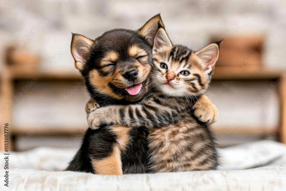 minimal photostock of a Lovely puppy and kitty giving a hug on the bed. Lifestyle photo of cute pets at home. , isolated on white background, , copy space, copy space for text, minimal photostock of a Lovely puppy and kitty giving a hug on the bed. Lifestyle photo of cute pets at home. , isolated on white background, , copy space, copy space for text,
