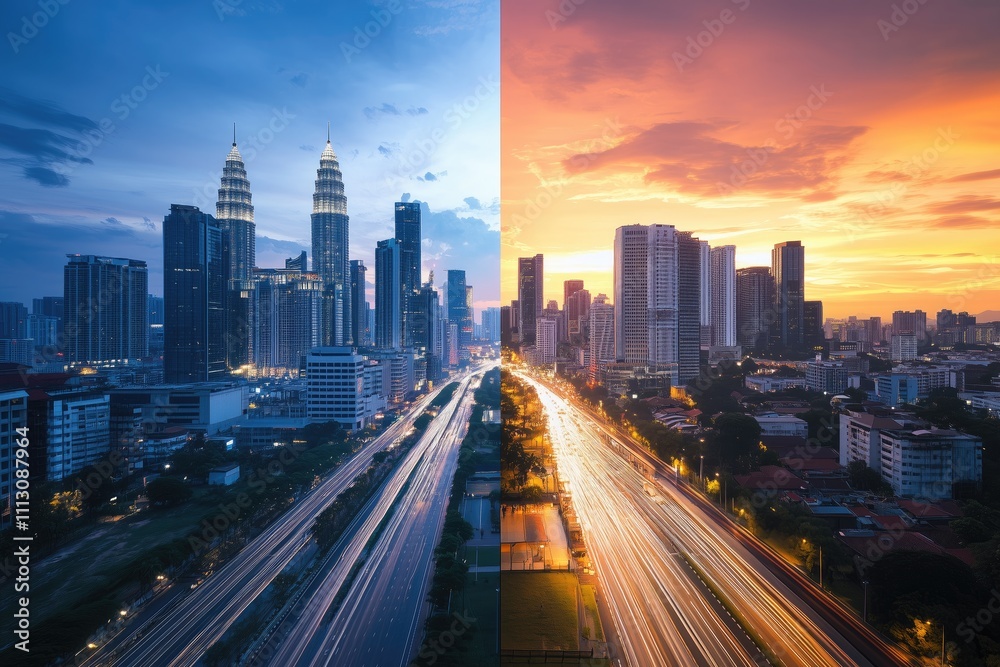 A split image showcasing a city skyline at dusk and sunset, highlighting urban beauty. A split image showcasing a city skyline at dusk and sunset, highlighting urban beauty.