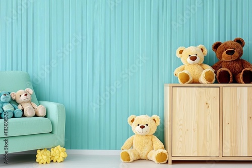 minimal photostock of a  Scandinavian nursery room with wooden cabinet, mint armchair, natural teddy bears and plush animal toys photo