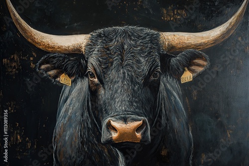 A close-up portrait of a black bull with large horns, painted against a dark background. photo