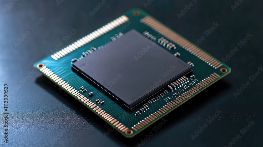Microprocessor Chip on Circuit Board with Blue Background Microprocessor Chip on Circuit Board with Blue Background