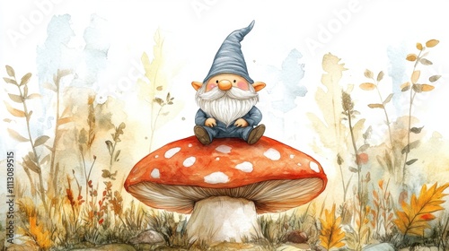 Cute little gnome spirit and a large mushroom in Spring garden with flowers