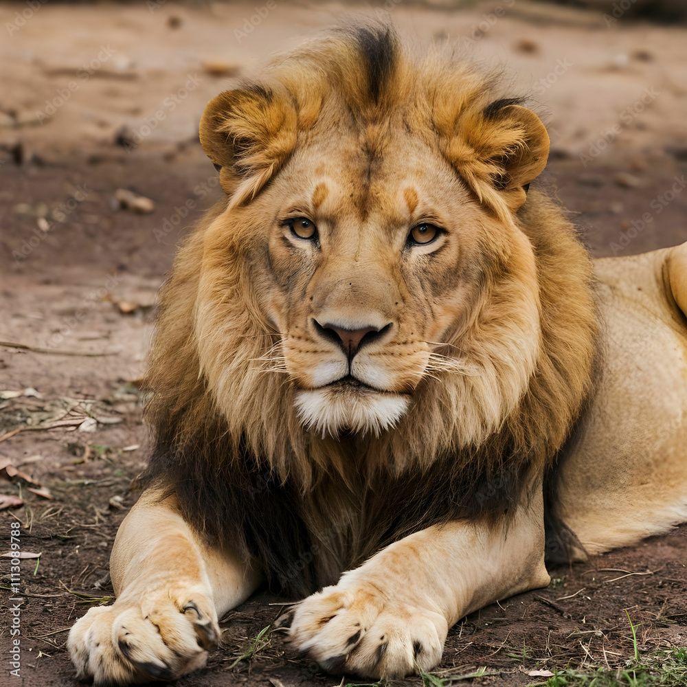 Fototapeta premium Portrait of lion lying on the ground