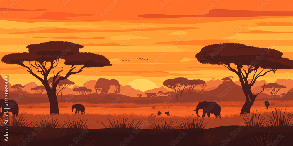 A dramatic savanna landscape at sunset, with silhouettes of acacia trees, a herd of elephants in the distance, and a fiery orange sky. The majestic and wild setting feels timeless. A dramatic savanna landscape at sunset, with silhouettes of acacia trees, a herd of elephants in the distance, and a fiery orange sky. The majestic and wild setting feels timeless.