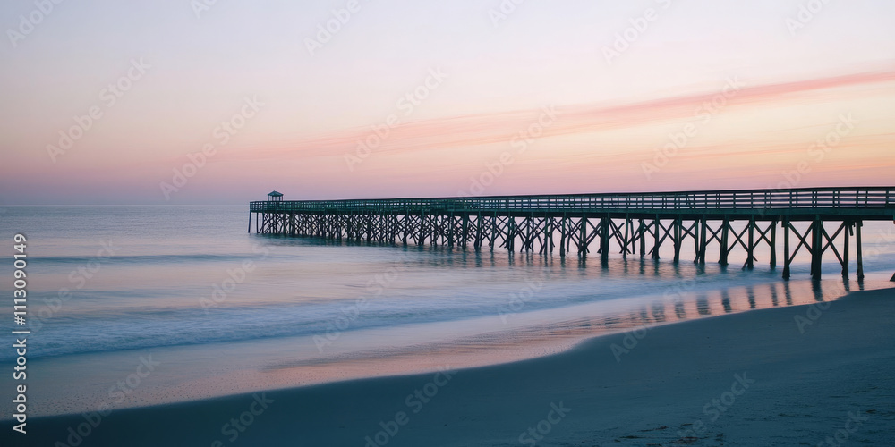 Fototapeta premium A serene beach at dusk with a wooden pier stretching into calm waters, surrounded by soft pink and orange hues in the sky. The peaceful scene feels romantic and timeless.