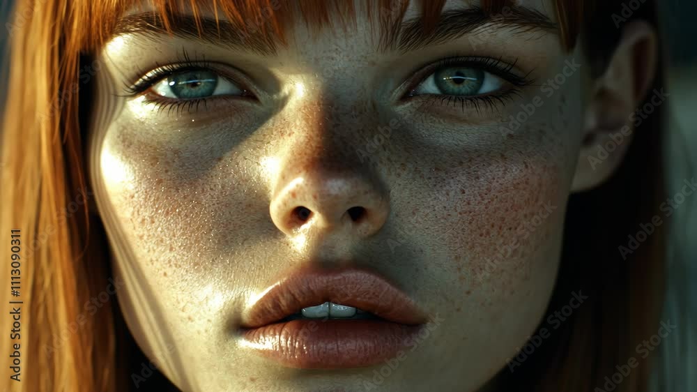 Close-up portrait of a young woman with striking freckles and vibrant red hair showcasing natural beauty and intense gaze Close-up portrait of a young woman with striking freckles and vibrant red hair showcasing natural beauty and intense gaze