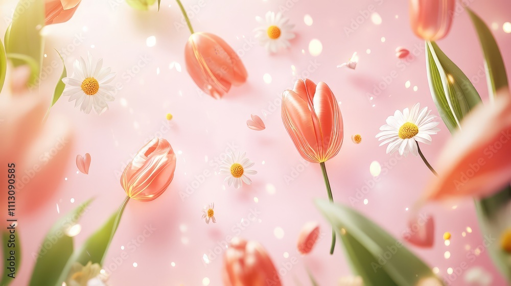 Romantic Floral Background with Pink Tulips and Daisies Floating Romantic Floral Background with Pink Tulips and Daisies Floating