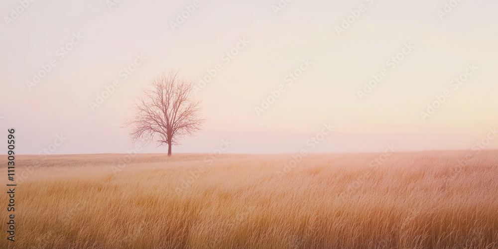Obraz premium A serene prairie landscape at dawn with golden grasses stretching to the horizon, soft pink light in the sky, and a single tree in the distance. The peaceful setting feels timeless.