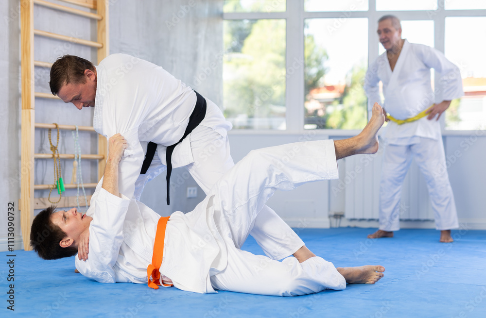 Obraz premium Concentrated karate sensei engaging kumite with young guy, working out fighting techniques in martial art training room..