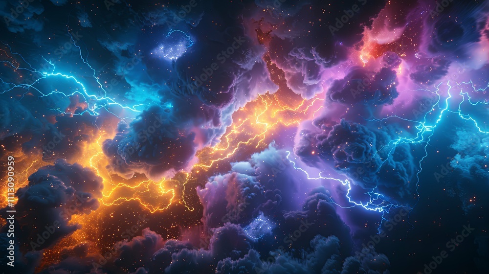 Electrifying Cosmic Cloudscape: Vivid Lightning Bolts Across a Starry Nebula Electrifying Cosmic Cloudscape: Vivid Lightning Bolts Across a Starry Nebula