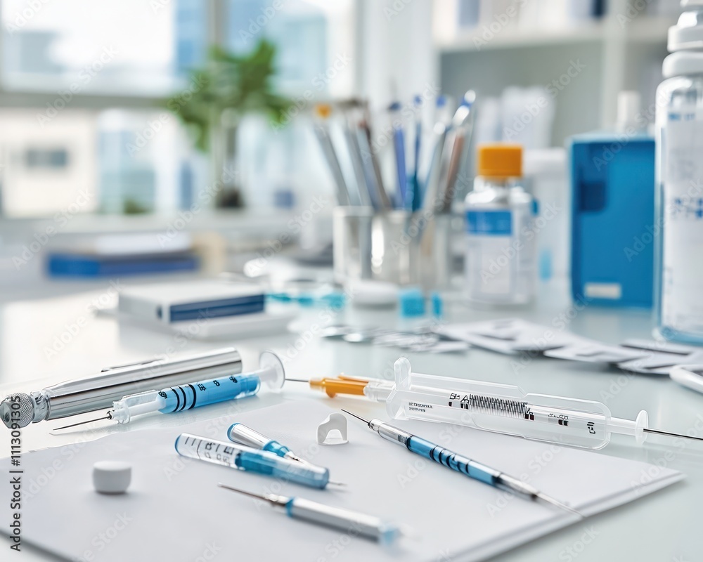 Needles and other medical supplies on a doctor's desk in a clinical setting Needles and other medical supplies on a doctor's desk in a clinical setting