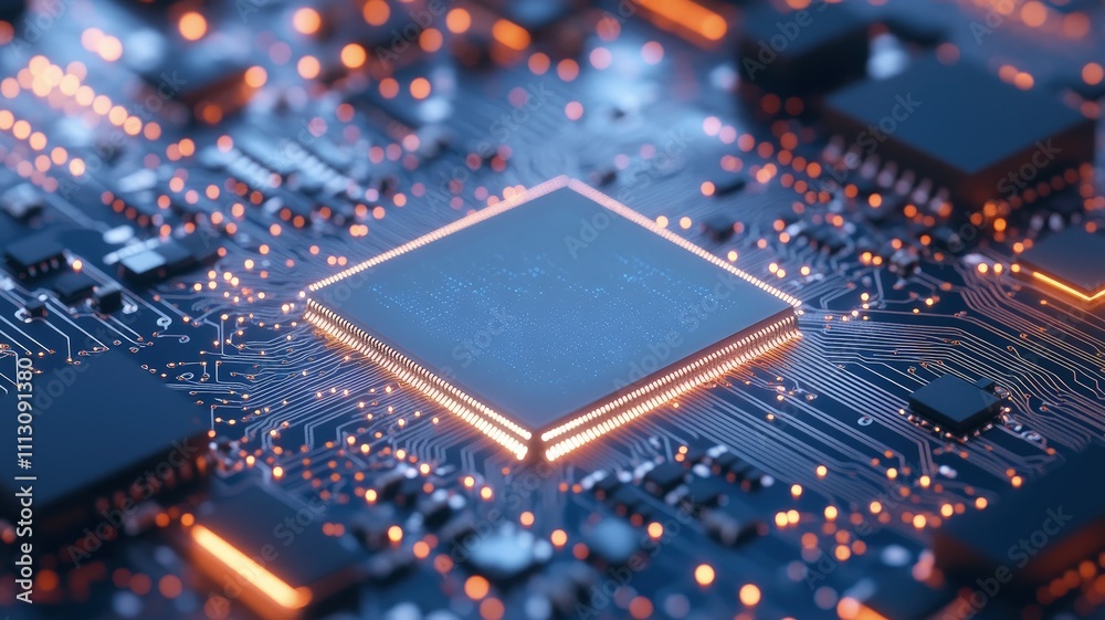 A close-up view of a microchip on a circuit board, showcasing intricate electronic connections. A close-up view of a microchip on a circuit board, showcasing intricate electronic connections.