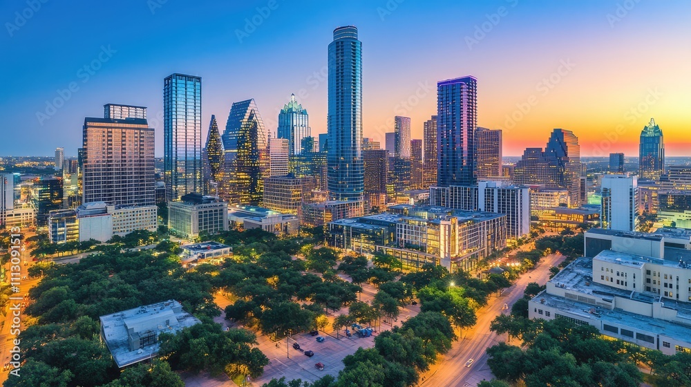 Obraz premium Vibrant Dallas Skyline at Dusk with Colorful Twilight Lights