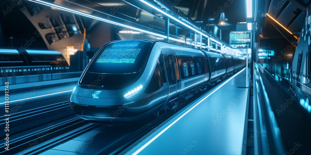 A futuristic transportation hub with sleek trains, glowing platforms, and holographic signs. The advanced and innovative design is ideal for sci-fi and technology themes. A futuristic transportation hub with sleek trains, glowing platforms, and holographic signs. The advanced and innovative design is ideal for sci-fi and technology themes.