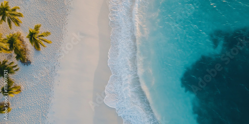 A serene tropical beach with soft white sand, turquoise waves gently lapping at the shore, and palm trees swaying in the breeze. The idyllic setting feels like paradise.