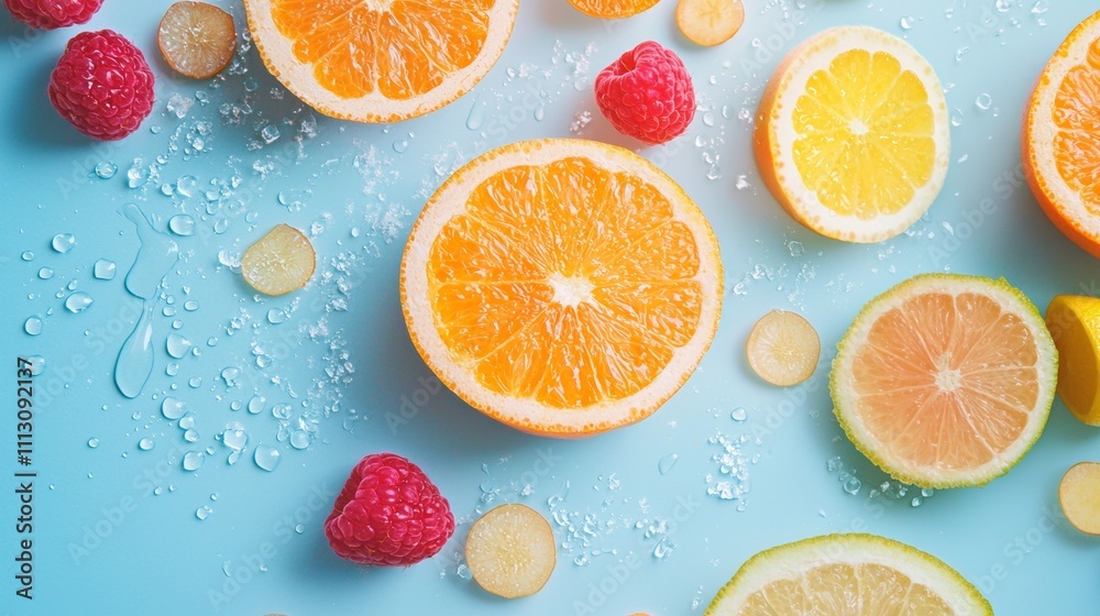 Citrus slices and raspberries with water droplets on blue Citrus slices and raspberries with water droplets on blue