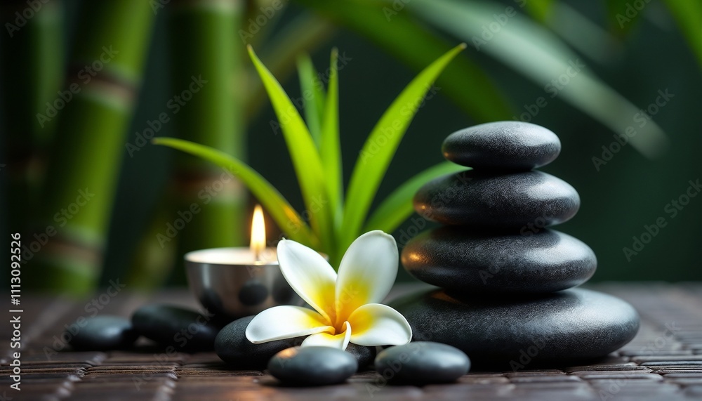 Obraz premium A serene spa scene featuring stacked stones, a lit candle, and a vibrant flower. Ideal for relaxation, wellness, and meditation imagery, surrounded by calming bamboo leaves and natural elements.