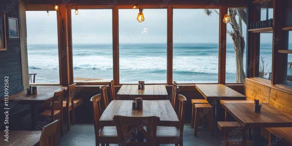 A cozy seaside cafe with rustic wooden tables, warm lighting, and large windows overlooking the ocean waves. The inviting setting is perfect for relaxation. A cozy seaside cafe with rustic wooden tables, warm lighting, and large windows overlooking the ocean waves. The inviting setting is perfect for relaxation.