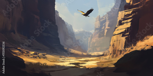 A dramatic desert canyon with towering sandstone walls, a dry riverbed, and a golden eagle soaring above. The rugged and remote setting feels like a natural wonder. photo