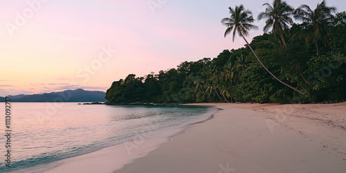 A serene tropical beach with white sand, crystal-clear water, and tall palm trees swaying in a gentle breeze. The peaceful scene is illuminated by a soft pink sunset on the horizon.
