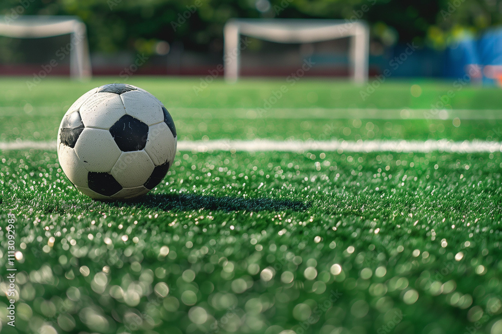 Copy Space of Soccer Ball on Green Pitch Emphasizing Sport, Athletic Performance, and Competitive Team-Based Events Copy Space of Soccer Ball on Green Pitch Emphasizing Sport, Athletic Performance, and Competitive Team-Based Events