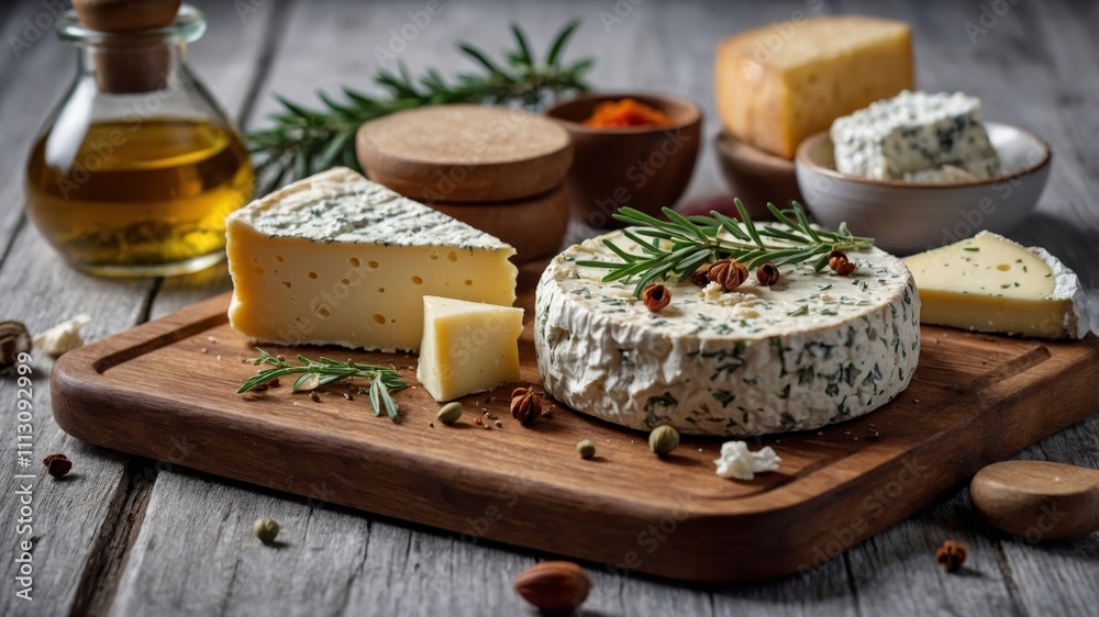 Assorted cheeses with spices and fresh rosemary Assorted cheeses with spices and fresh rosemary