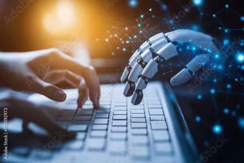 human hand and robot hand typing on keyboard.