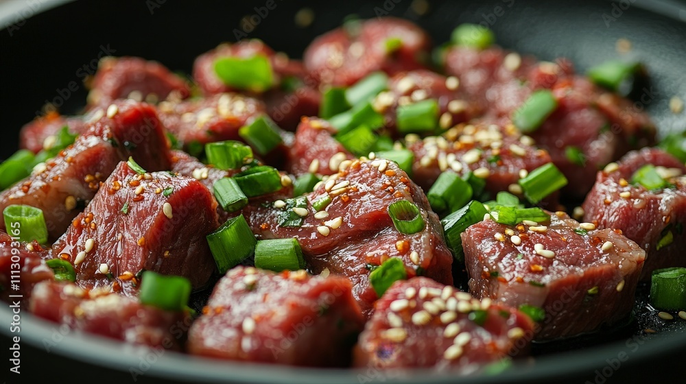 Fresh marinated beef cubes with green onions and sesame seeds ready for cooking. Fresh marinated beef cubes with green onions and sesame seeds ready for cooking.
