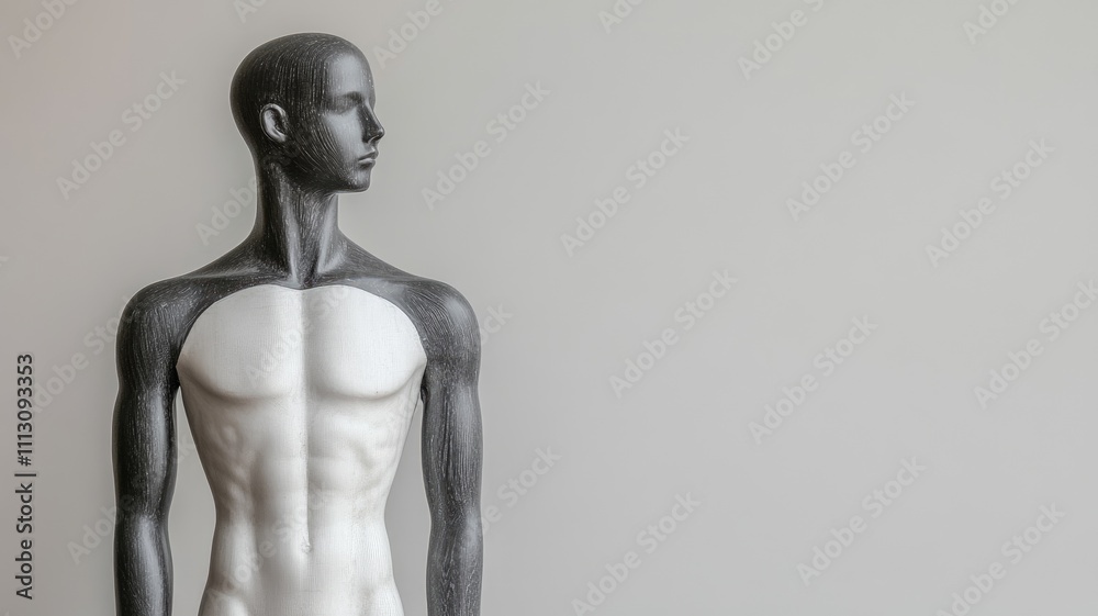 Male mannequin with minimalistic dark and white design, half-torso view on plain background Male mannequin with minimalistic dark and white design, half-torso view on plain background