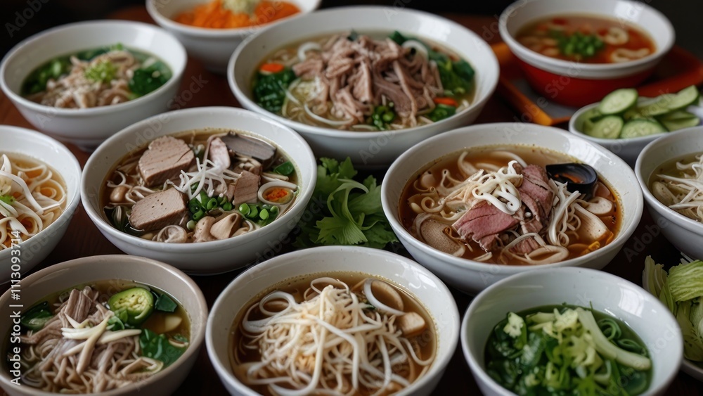 Assorted noodle soups in various bowls, showcasing diverse ingredients and textures. Assorted noodle soups in various bowls, showcasing diverse ingredients and textures.
