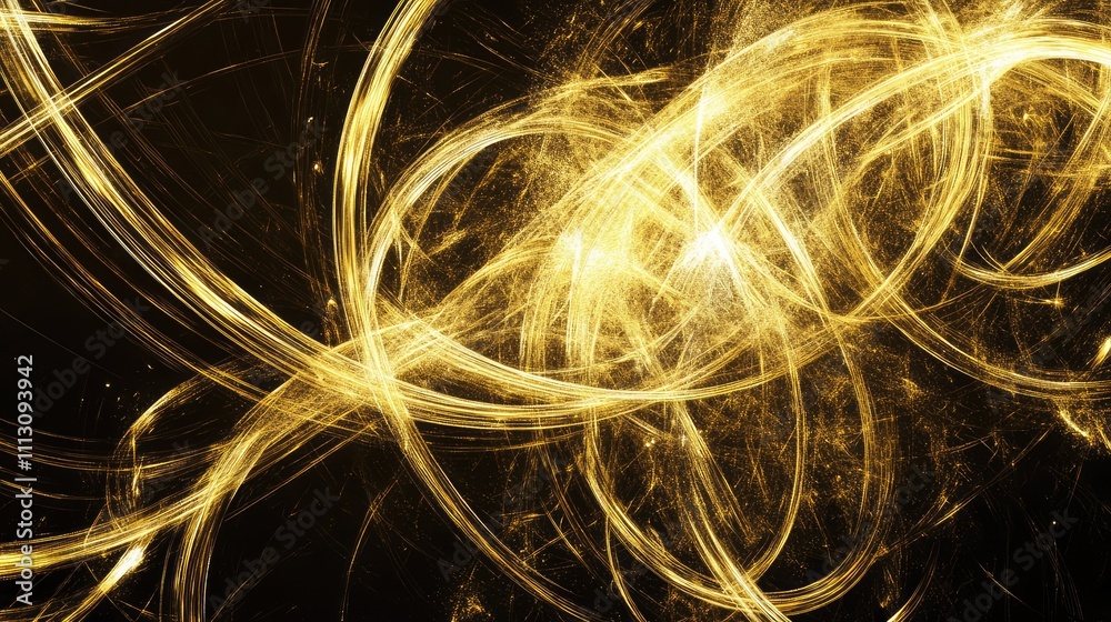 Naklejka premium Abstract Golden Light Swirls and Glowing Lines on Dark Background
