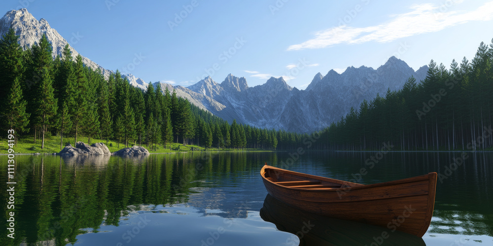 Obraz premium A tranquil mountain lake surrounded by tall pines, with crystal-clear reflections of the peaks and a wooden rowboat floating gently on the water. The peaceful scene feels untouched.