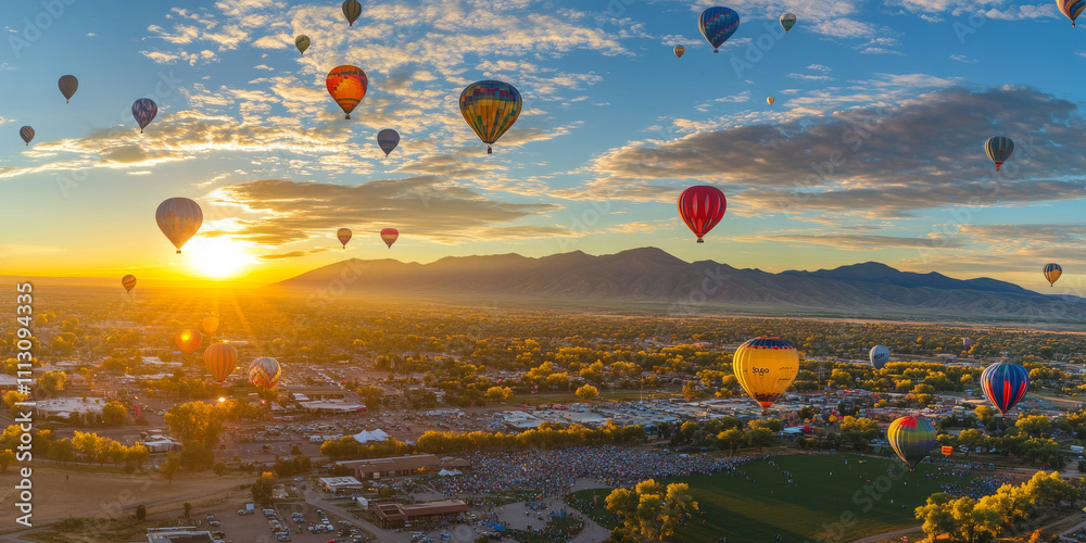 Naklejka premium A vibrant balloon festival with hundreds of colorful hot air balloons floating in the sky at sunrise. The cheerful and magical scene is perfect for travel and adventure themes.