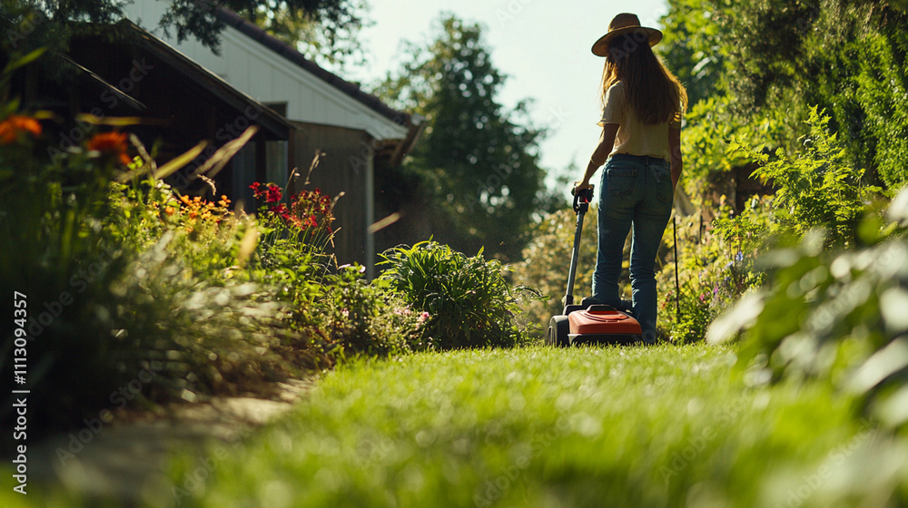 Gardener Trimming Overgrown Lawn with Electric Mower and Trimmer in Vibrant Garden Landscape Gardener Trimming Overgrown Lawn with Electric Mower and Trimmer in Vibrant Garden Landscape