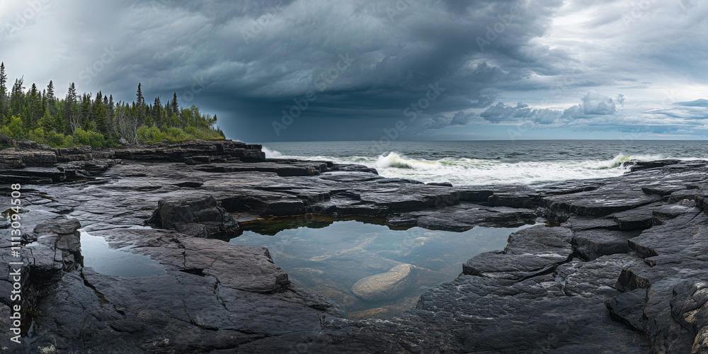 Obraz premium A dramatic rocky coastline with tide pools, crashing waves, and storm clouds gathering in the distance. The rugged and powerful setting showcases the untamed beauty of the sea.