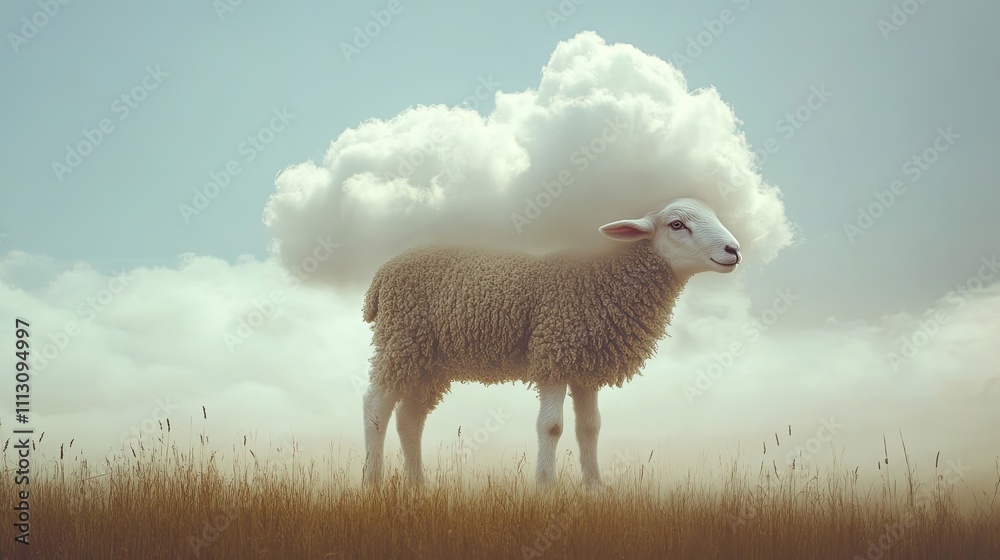 Fototapeta premium Sheep Stands in Field With Cloud Back