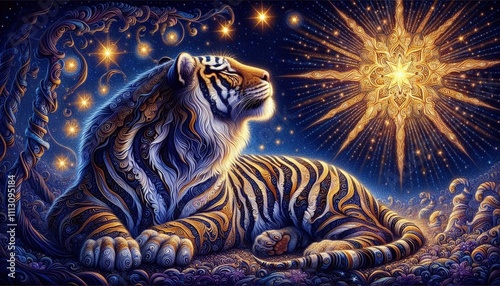 Dreamy Tiger Under the Evening Star in an Enchanted Jungle photo