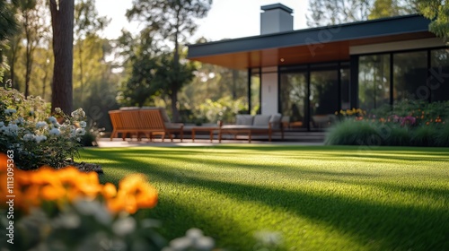 Fototapeta Naklejka Na Ścianę i Meble -  Modern home exterior with manicured garden. Beautiful flowers, well-maintained grass. Outdoor furniture on patio. Sunlight creates shadows on lawn. Perfect for home, garden magazines, landscaping