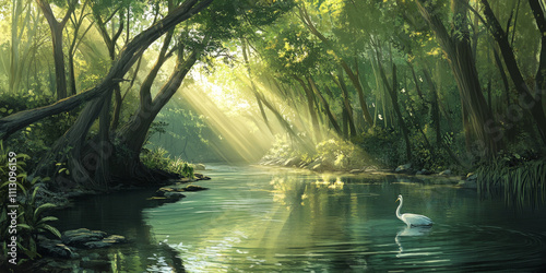 A tranquil river winding through a dense mangrove forest, with herons wading in the water and sunlight filtering through the canopy. The peaceful and lush setting feels like a hidden sanctuary. photo