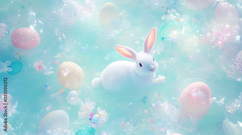 Whimsical White Bunny Surrounded by Colorful Easter Eggs and Decor Whimsical White Bunny Surrounded by Colorful Easter Eggs and Decor