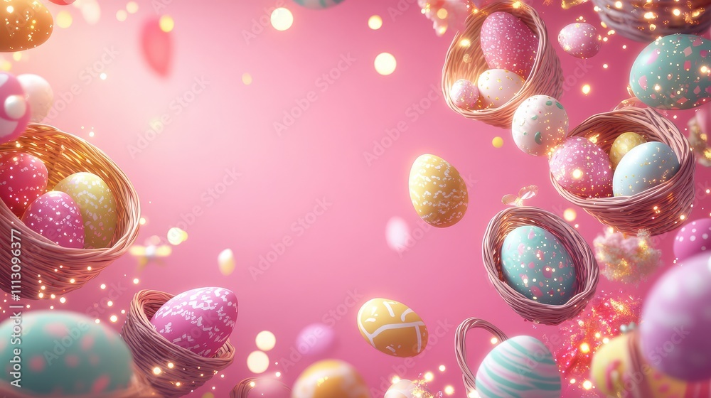 Colorful Easter Eggs in Baskets with Soft Pink Background and Sparkles Colorful Easter Eggs in Baskets with Soft Pink Background and Sparkles